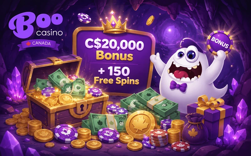 Treasure chest with cash and chips, bonus activated at Boo Casino Canada
