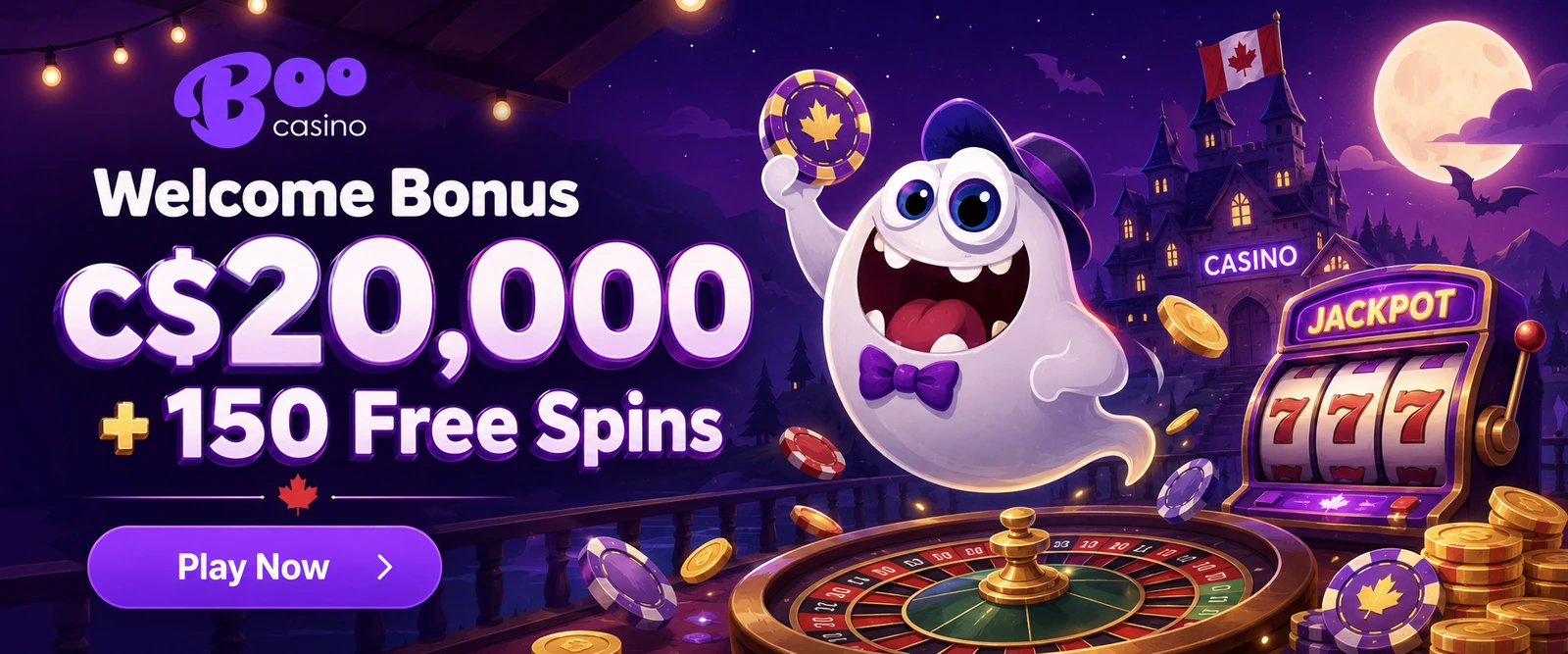 Welcome bonus C$20,000 + 150 free spins at Boo Casino Canada