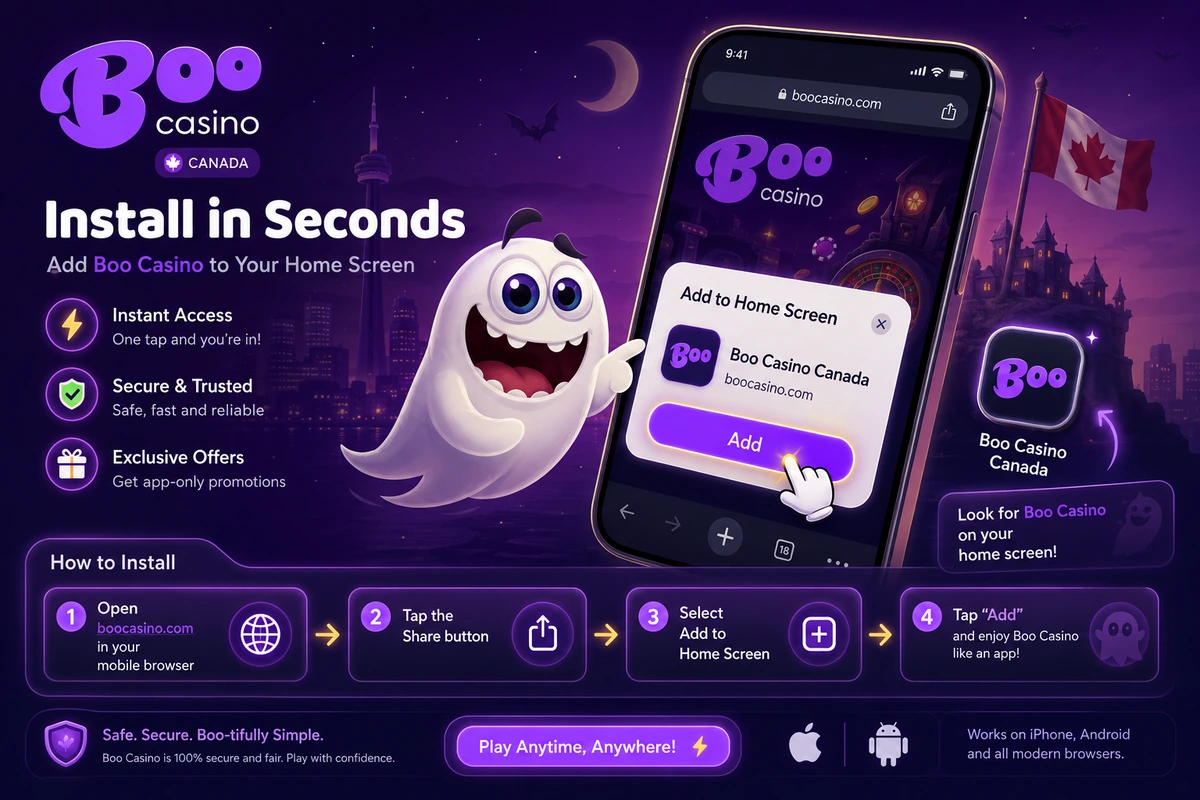 Three steps to install Boo Casino Canada as a PWA: open, share, add to home screen